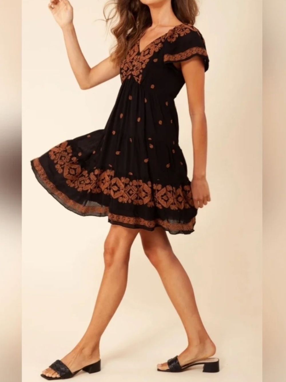 Hale Bob Los Angeles Black Minidress with Brown Embroidery - Size XS